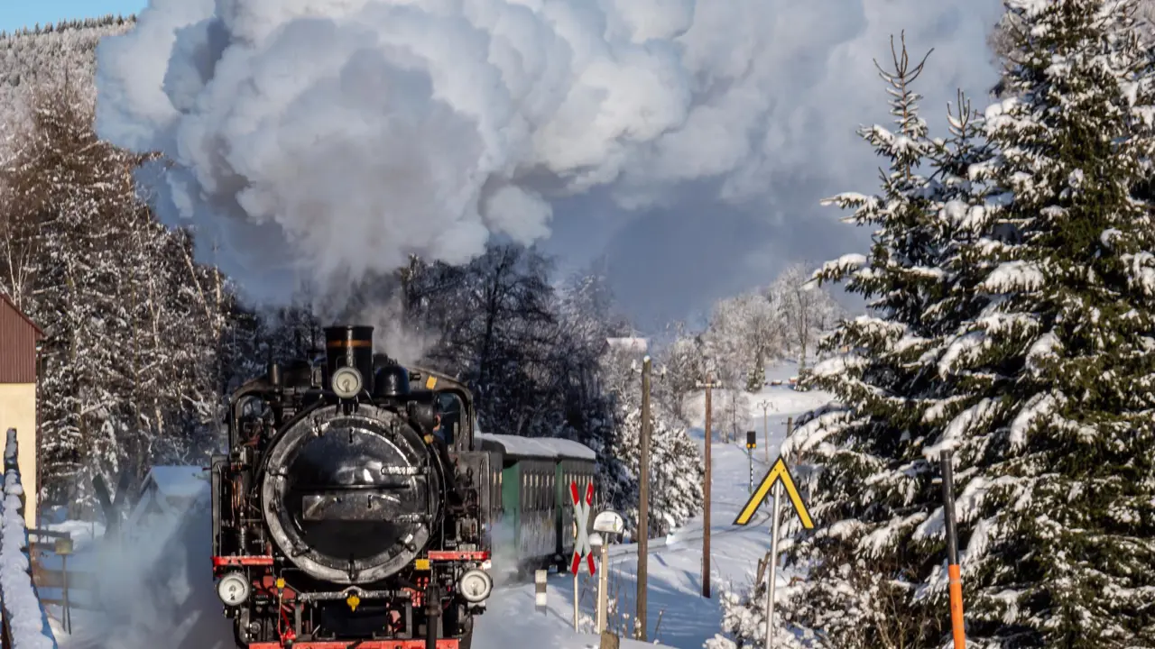 Fichtelberg Railway steam train in winter, Oberwiesenthal