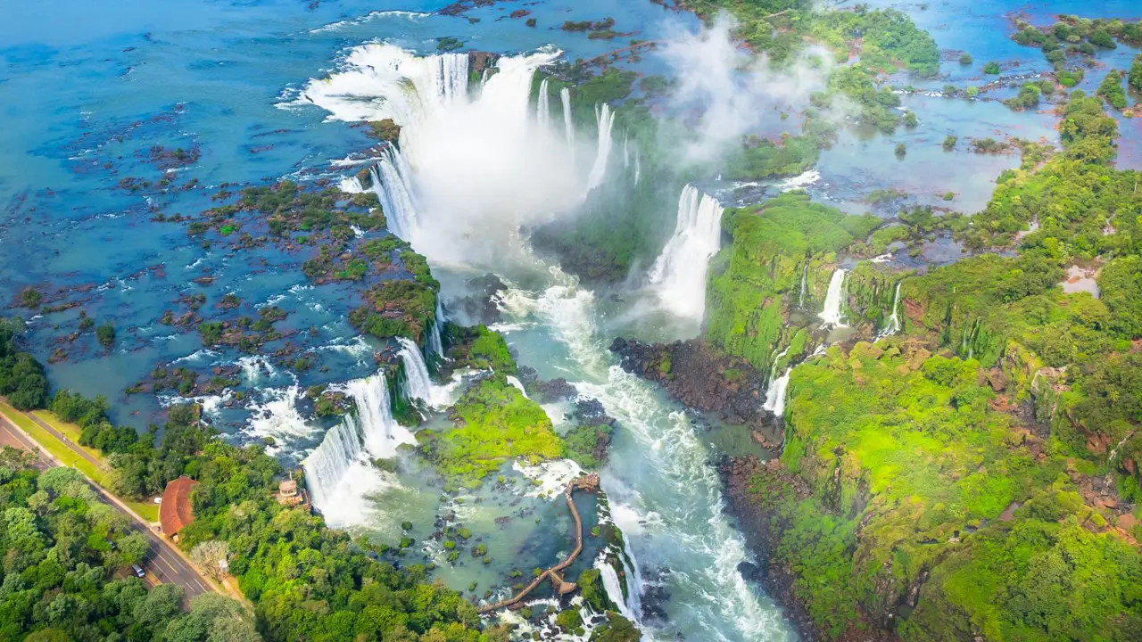 Aerial view of Iguazú Falls from helicopter