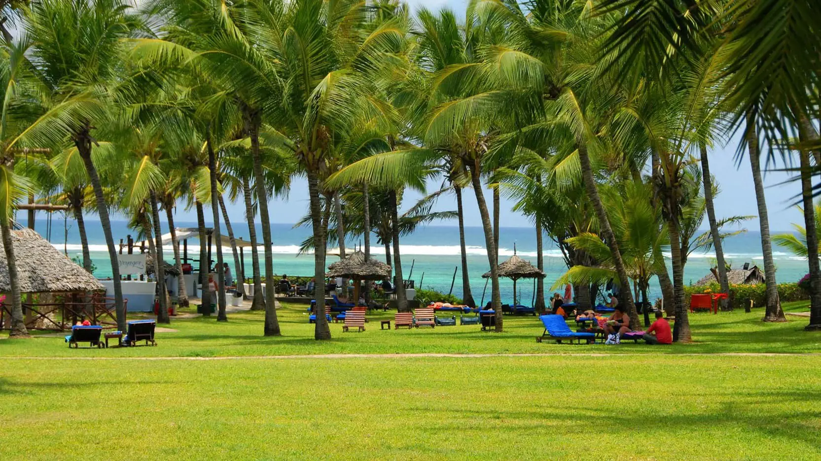 Mombasa Beach, Kenya, featuring an open green space with palm trees and sun loungers, and the clear blue sea beyond