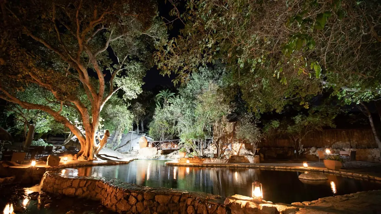 Mabula Game Lodge, water feature at night