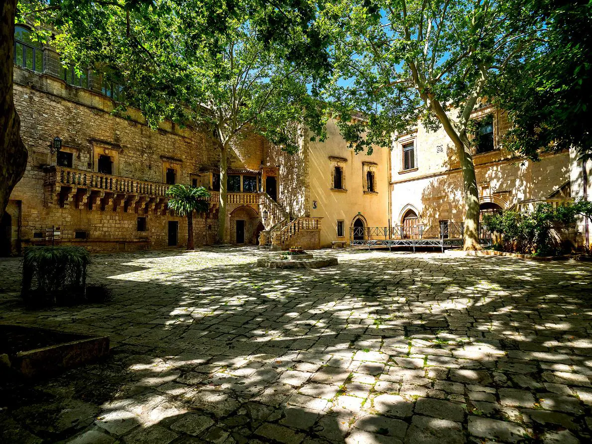 A sunny, leafy courtyard in Carovigno, Puglia with historic stone buildings