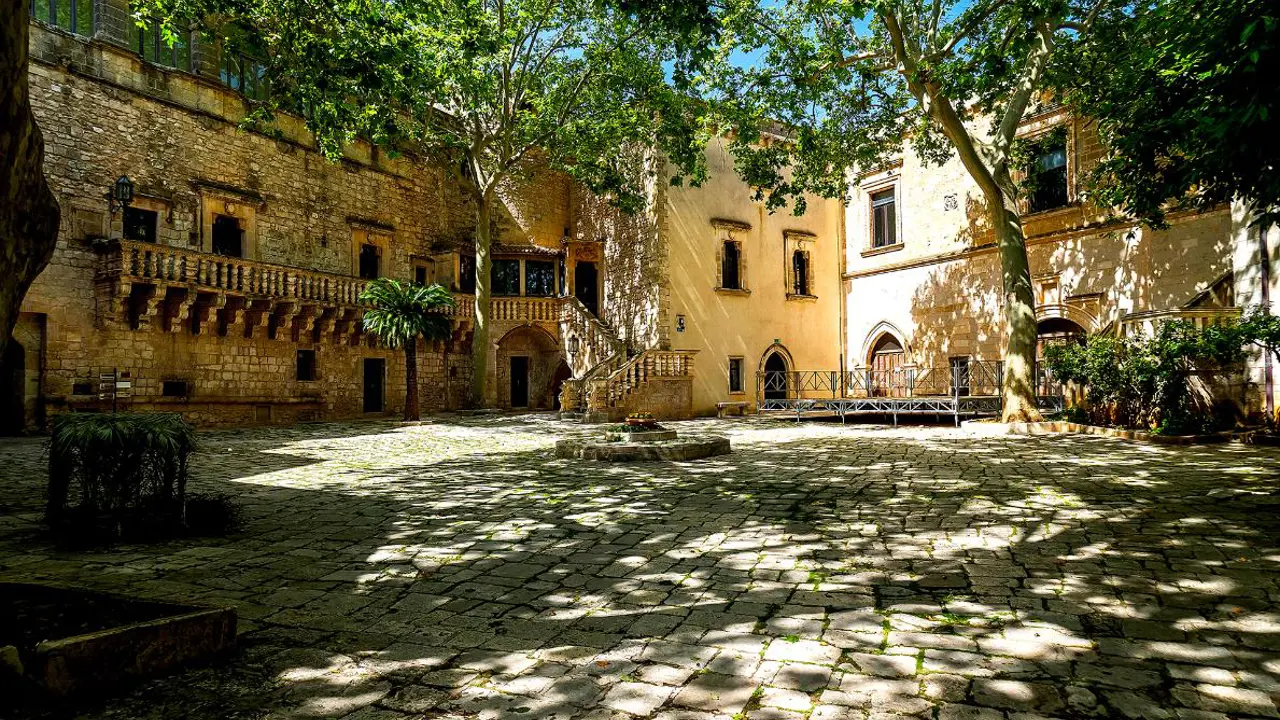 A sunny, leafy courtyard in Carovigno, Puglia with historic stone buildings
